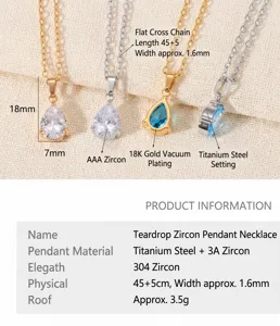 Dettaglio che mostra le dimensioni e le specifiche del materiale della collana zirconi