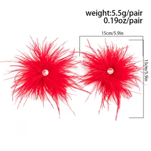 Boucles d'oreilles en plumes rouges avec strass, taille 15 cm et poids de 5,5 g