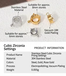 Detailed parameters of 18k gold plated stainless steel claw settings for 6mm or 8mm stones.