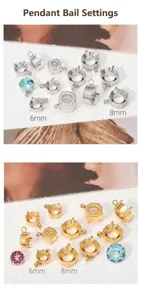 Detail view of silver and gold stainless steel claw settings for stones in 6mm and 8mm sizes.