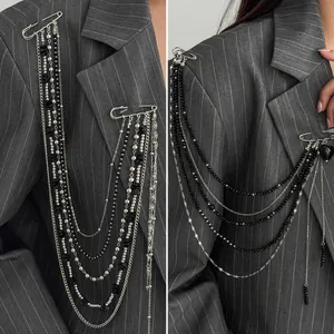Punk Hip Hop Multilayer Chain Brooch For Women Silver Black Rhinestone Heart Tassel Safety Pin Brooch Jewelry For Suit Coat Jacket Decoration