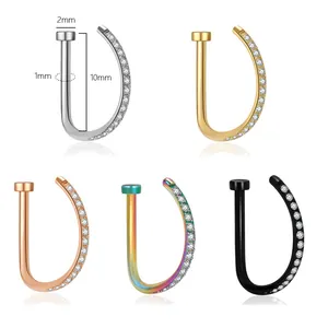 Set di 5 finti anelli per il naso a forma di D con zirconi, borchie in acciaio da 10mm.