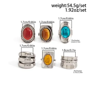 Detailed size specifications for the 6-piece vintage gemstone ring set in antique silver.