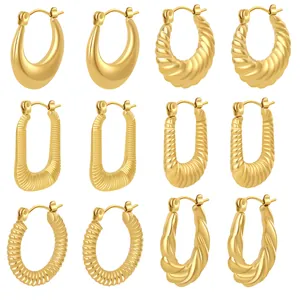 Six pairs of 18k gold plated stainless steel chunky hoop earrings in various textures