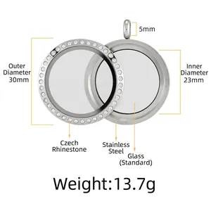 Detailed measurements of 30mm stainless steel glass locket pendant with rhinestones