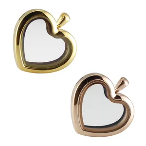 Detail of heart-shaped glass locket pendants in gold and rose gold stainless steel.