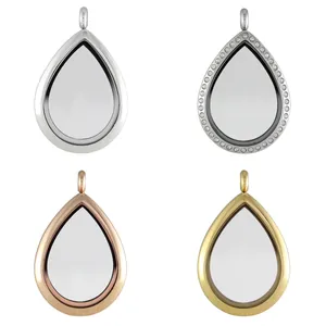 Colgante de Relicario Flotante de Acero Inoxidable en Forma de Gota Con Strass de Vidrio Joyería Conmemorativa para Mujeres