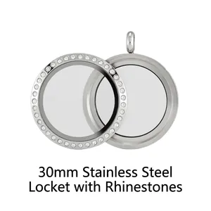Detailed view of 30mm round stainless steel floating glass locket with crystal border