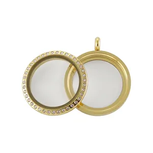 Detail of 30mm gold stainless steel glass locket pendant decorated with rhinestones