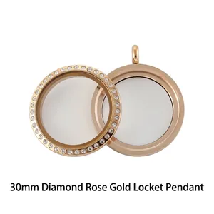 Detail view of 30mm rose gold rhinestone-studded stainless steel floating locket