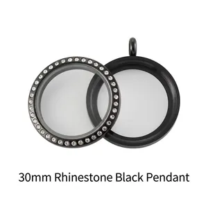 Detail of 30mm black stainless steel floating locket with sparkling rhinestone border