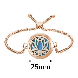 Detail view of 25mm rose gold stainless steel lotus aromatherapy locket bracelet