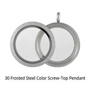 Macro view of a 30mm frosted stainless steel screw-top glass locket pendant detail