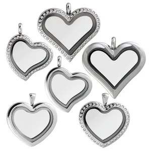 Heart Shaped Floating Locket Pendant Necklace Stainless Steel Glass Memory Frame Jewelry For Women Gold Silver Rhinestone Necklace