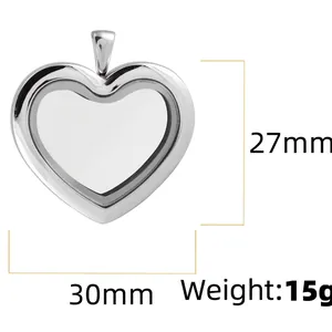 Elegant heart-shaped stainless steel glass locket pendant measuring 30mm by 27mm