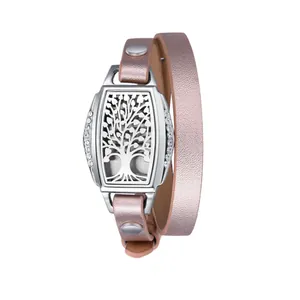Stainless steel aromatherapy locket bracelet with tree of life and pink leather strap