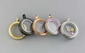 Close-up detail of round floating lockets with rhinestones in five electroplated colors