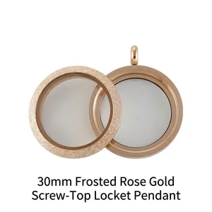 Detailed view of 30mm frosted rose gold stainless steel screw-top glass locket