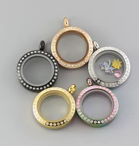 Close-up of multicolored stainless steel crystal floating charm glass locket pendants