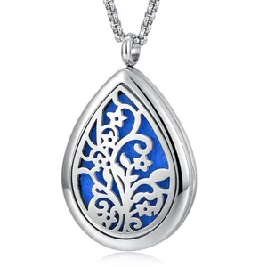 Collar difusore aromaterapia de acero inoxidable gota con diseño floral azul