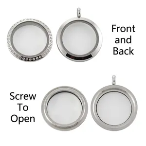 Silver stainless steel round glass locket pendant featuring screw-open mechanism