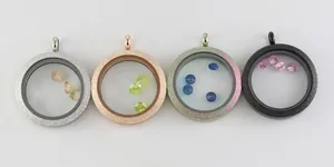 Round stainless steel glitter floating glass lockets in silver rose gold and black finish