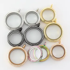 Round stainless steel glass locket pendants with sparkling crystals in various metal finishes.