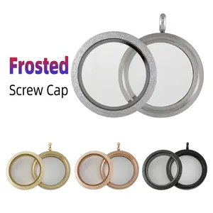 Stainless Steel Glass Floating Locket Pendant For Women Frosted Sandblasted Screw Open Round Memory Picture Locket DIY Jewelry
