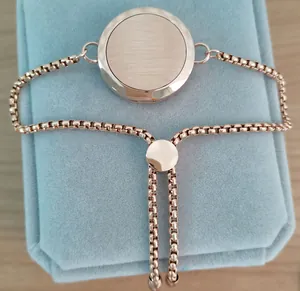 Detailed view of rose gold aromatherapy diffuser bracelet with adjustable box chain
