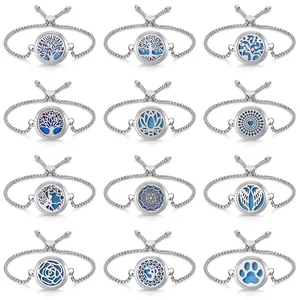 Adjustable stainless steel aromatherapy bracelet with 12 unique diffuser locket patterns