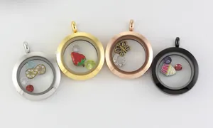 Quatre pendentifs médaillons flottants en acier inoxydable doré, or rose, argent et noir