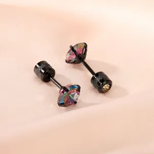 Orecchini a lobo neri con zirconi arcobaleno da 6mm e pietre di cristallo AAA colorate