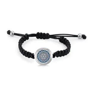 Handmade stainless steel aromatherapy bracelet with 25mm mandala pendant and black rope