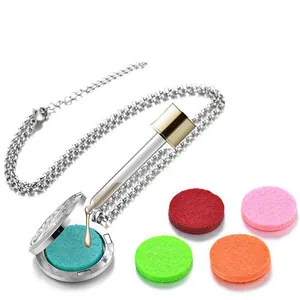 Stainless steel hollow aromatherapy pendant necklace set with colorful felt pads and dropper