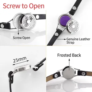 Bracelet aromathérapie en cuir et acier inoxydable 25mm avec médaillon à visser