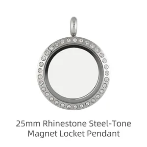 25mm stainless steel magnetic glass locket pendant with sparkling rhinestone border