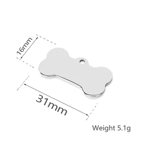 Polished stainless steel bone shaped dog tag shown with 31mm and 16mm dimensions