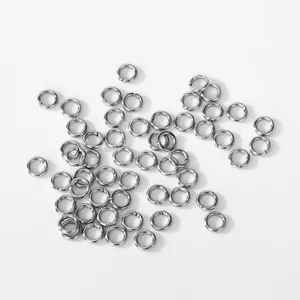Macro detail view of silver 304 stainless steel open jump rings for DIY jewelry making