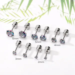 Boucles d'oreilles pro en acier titane avec zircone colorée, tailles de 2mm à 6mm