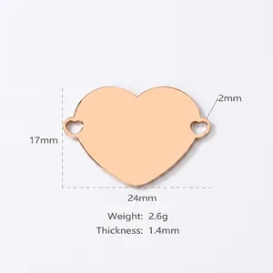 Rose gold heart-shaped stainless steel double-hole pendant charm with dimensions