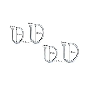 Titanium steel D-shaped nose studs in 0.8mm and 1.0mm gauge sizes for piercings