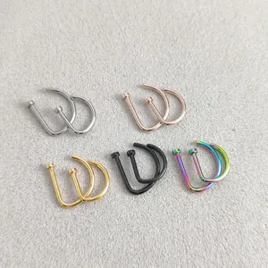 Set of D-shaped stainless steel nose rings in multiple metallic finishes