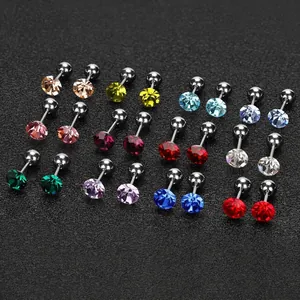 Set of 12 pairs of birthstone stud earrings in polished stainless steel, colorful