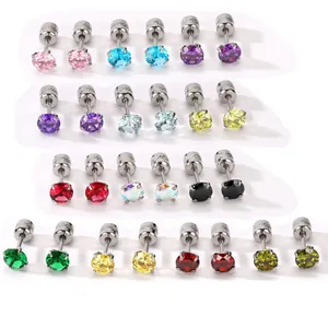 Pendientes de Botón de Acero Inoxidable con Circonia para Mujer Hombre Coloridos con Cuatro Garras e Incrustaciones Joyas de Piercing