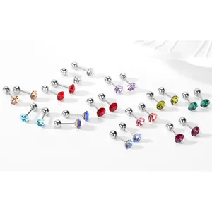 Set of 12 pairs of colorful birthstone stud earrings in durable titanium steel with crystals