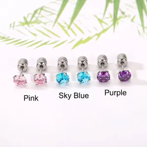 Pendientes de tuerca de circonita de cuatro garras en colores rosa, azul cielo y morado
