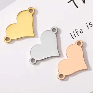 Stainless Steel Heart Pendant Connector Double Hole Heart Shaped Blank Engravable Charms For DIY Necklace Bracelet Making Jewelry Finding Accessories