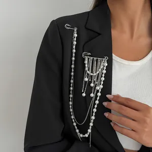 Detailed view of a multi-layer pearl chain brooch pinned on a black chic blazer jacket
