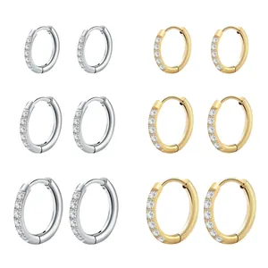 Stainless Steel Micro Pave Zirconia Hoop Earrings For Men Women Unisex Minimalist Circle Round Wire Hoop Earrings Fashion Jewelry Gift