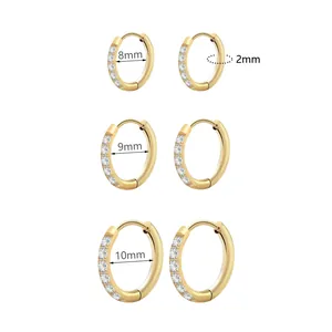 Gold-plated titanium steel hoop earrings with zircons in 8mm, 9mm, and 10mm sizes